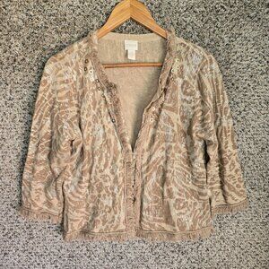 Chicos Cardigan Womens 1 US Medium Beige Fringe Animal Print Open Casual‎ Ladies